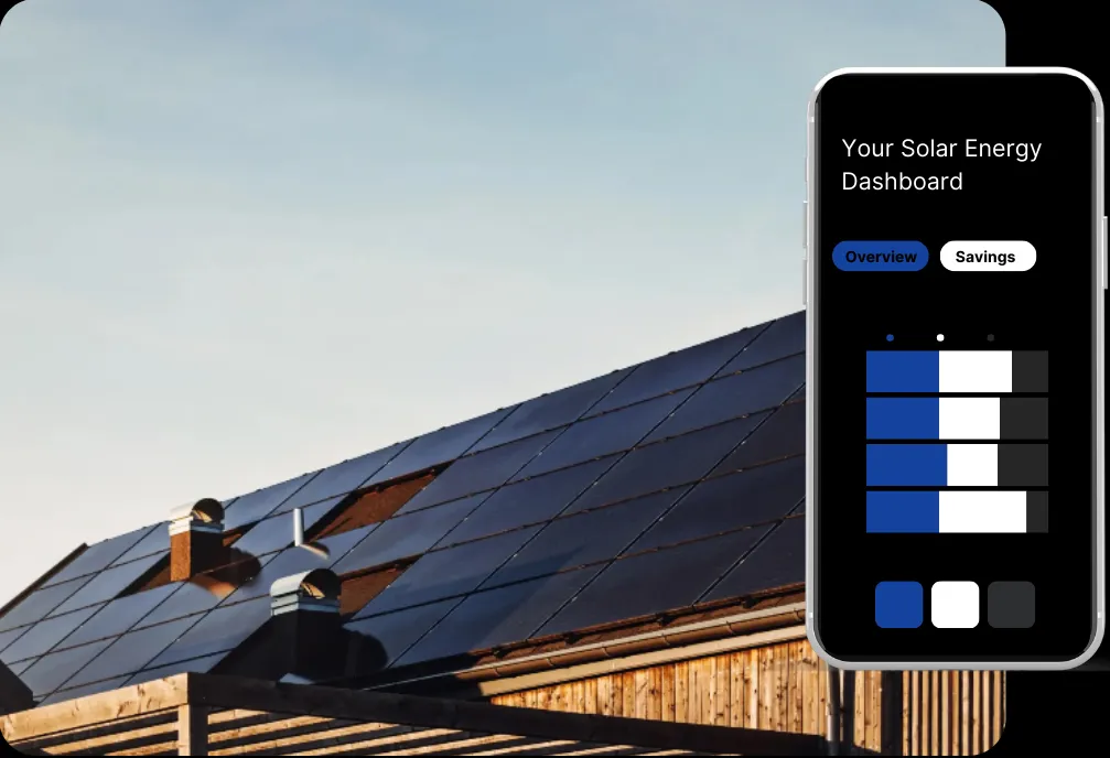 An image of a house  with solar panels, and a phone showing solar panel performance.